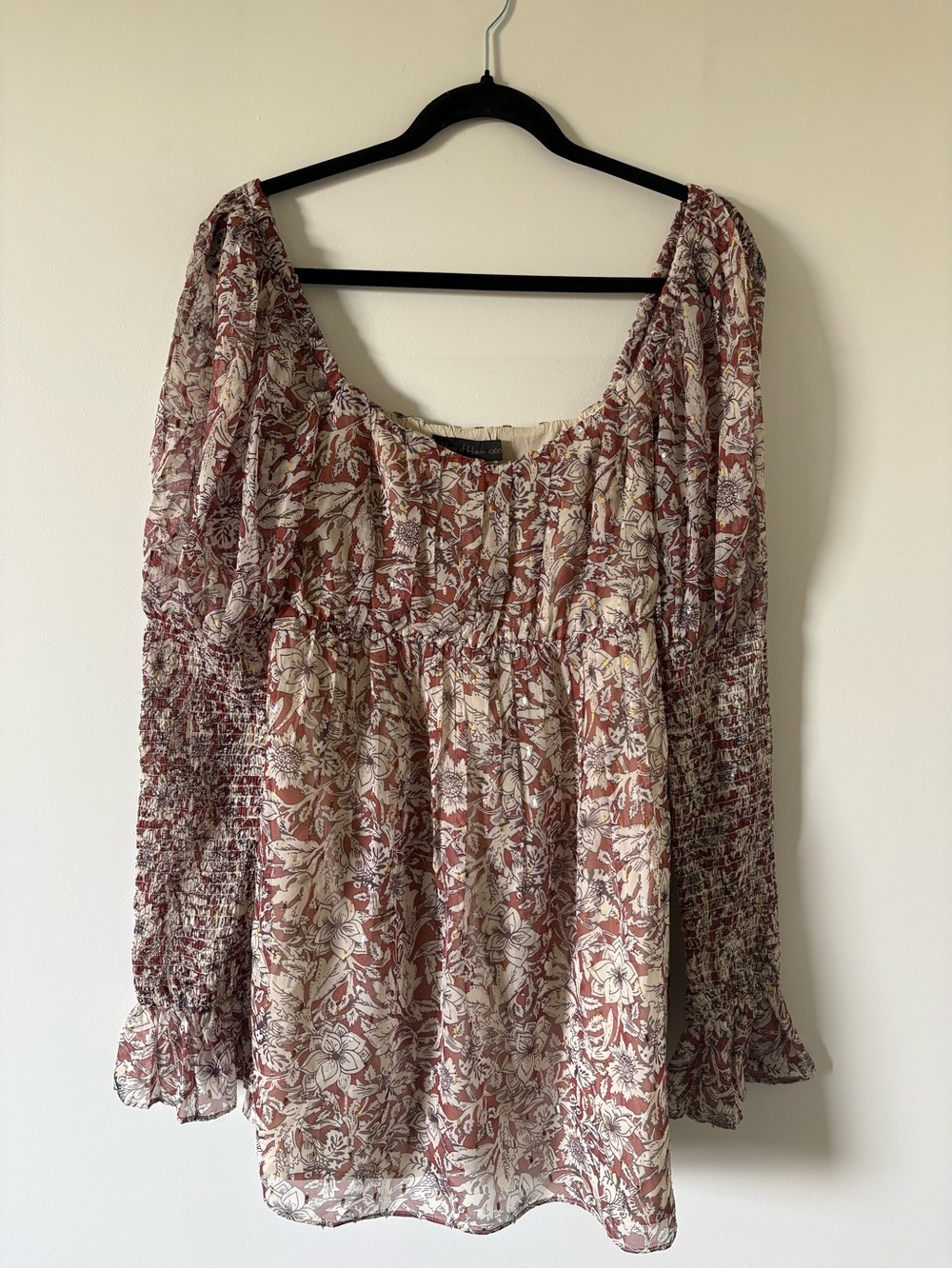 House of Harlow 1960 Floral Peasant Mini Dress in Rust and Cream